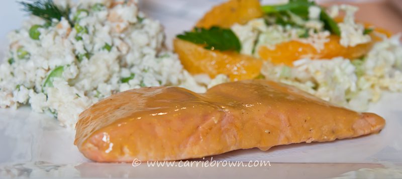 Glazed Salmon, Orange Herb Slaw and Green Pea and Pineapple Salad